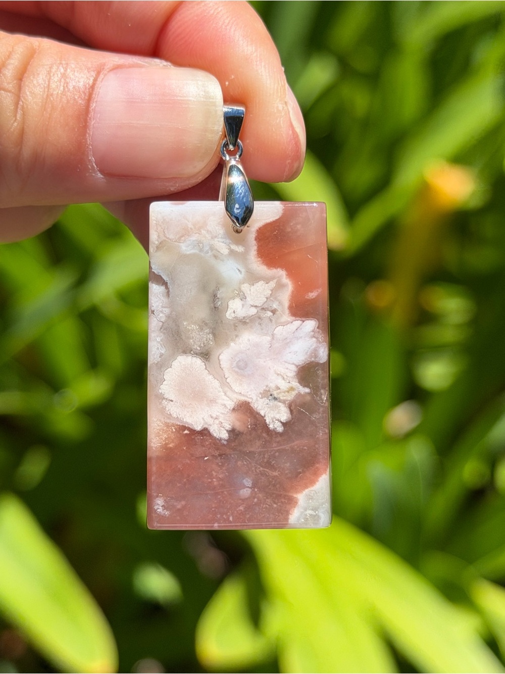 925 silver‎ plated pink flower agate rectangular pendant 1808